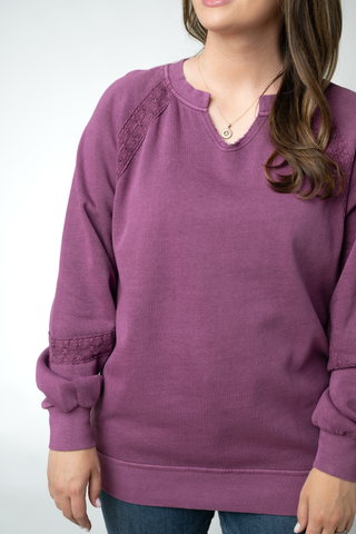 Purple Lace Accent Vintage Wash Pullover