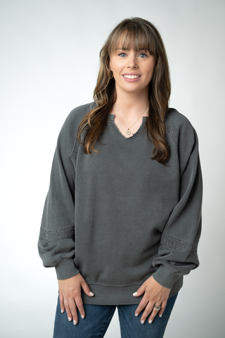 Black Lace Accent Vintage Wash Pullover