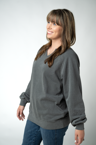 Black Lace Accent Vintage Wash Pullover