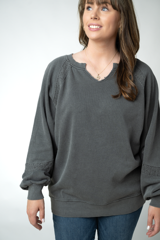 Black Lace Accent Vintage Wash Pullover