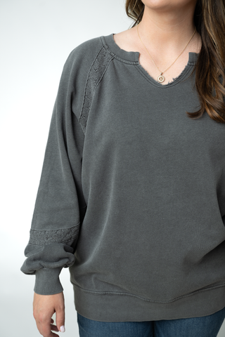 Black Lace Accent Vintage Wash Pullover