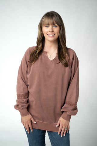 Brown Lace Accent Vintage Wash Pullover