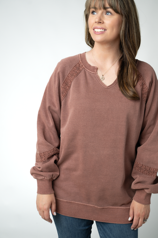 Brown Lace Accent Vintage Wash Pullover