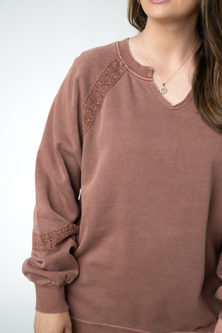 Brown Lace Accent Vintage Wash Pullover