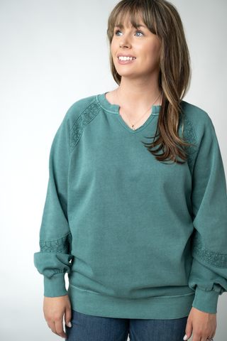 Teal Lace Accent Vintage Wash Pullover
