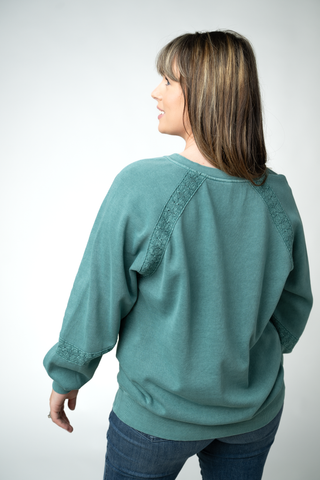 Teal Lace Accent Vintage Wash Pullover