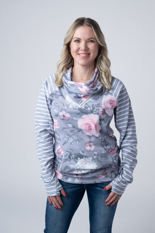 Grey Floral and Stripes ZipCowl Sweatshirt