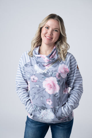 Grey Floral and Stripes ZipCowl Sweatshirt