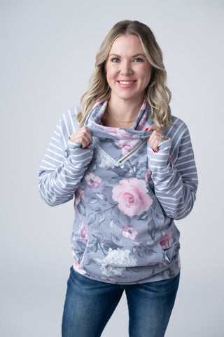 Grey Floral and Stripes ZipCowl Sweatshirt