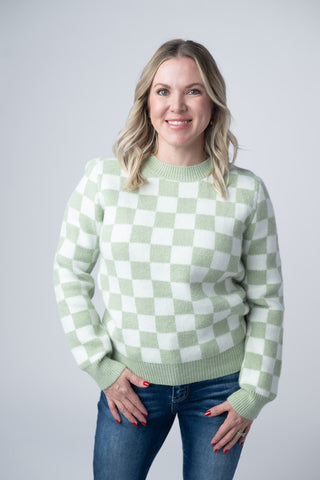 Sage & White Checkered Sweater