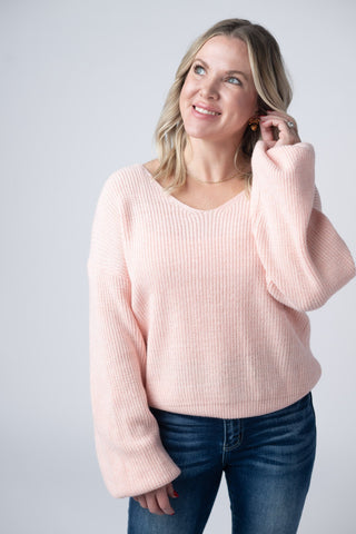 Light Pink V-Neck Bow Sweater