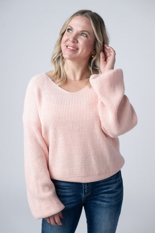 Light Pink V-Neck Bow Sweater
