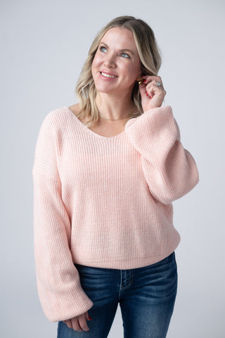 Light Pink V-Neck Bow Sweater
