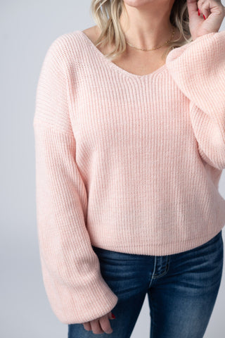 Light Pink V-Neck Bow Sweater