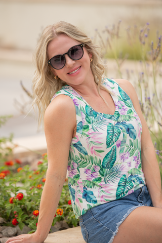Tropical Leaf Relaxed Fit V-Neck Tank