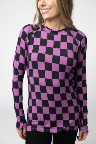 Black and Purple Checkers Long Sleeve Top w/ Thumbholes