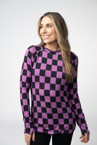 Black and Purple Checkers Long Sleeve Top w/ Thumbholes