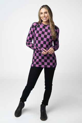 Black and Purple Checkers Long Sleeve Top w/ Thumbholes