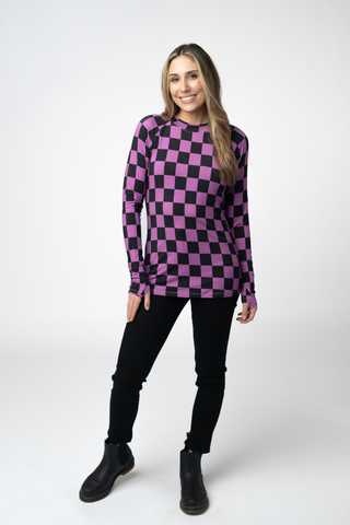 Black and Purple Checkers Long Sleeve Top w/ Thumbholes