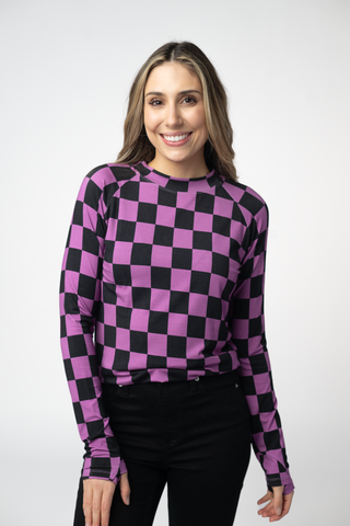 Black and Purple Checkers Long Sleeve Top w/ Thumbholes