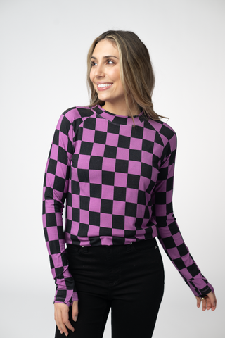 Black and Purple Checkers Long Sleeve Top w/ Thumbholes
