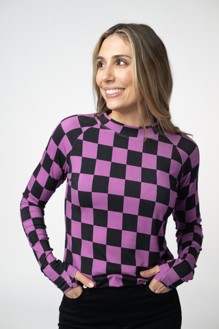 Black and Purple Checkers Long Sleeve Top w/ Thumbholes