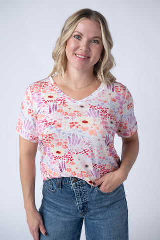 Coral Sunset Floral Relaxed Fit V-Neck Top