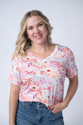 Coral Sunset Floral Relaxed Fit V-Neck Top
