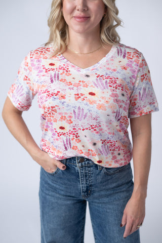 Coral Sunset Floral Relaxed Fit V-Neck Top