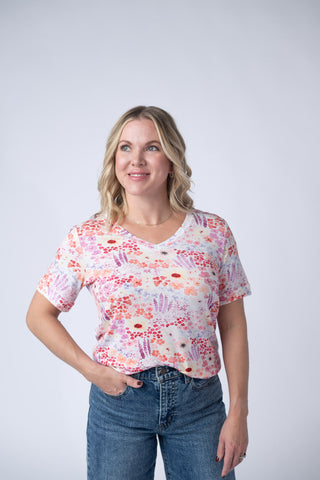 Coral Sunset Floral Relaxed Fit V-Neck Top