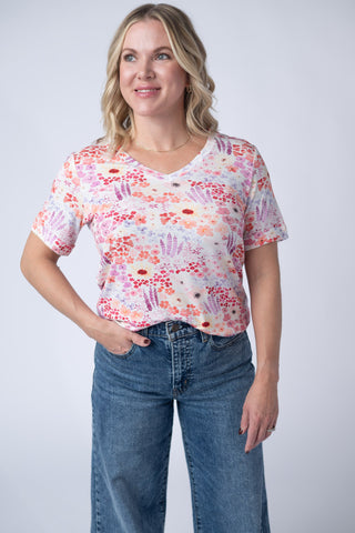 Coral Sunset Floral Relaxed Fit V-Neck Top