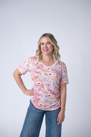 Coral Sunset Floral Relaxed Fit V-Neck Top