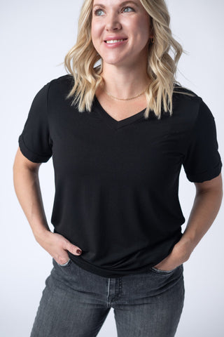 Black Relaxed Fit V-Neck Top