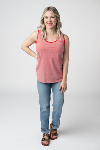 Red Round Neck Micro Striped Tank