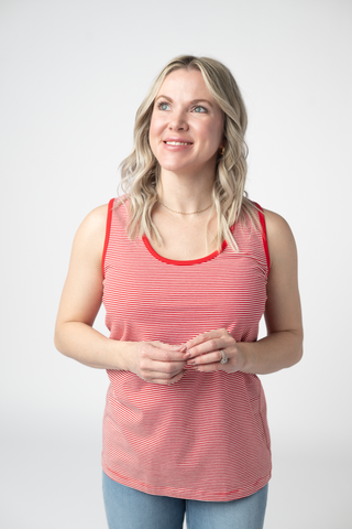 Red Round Neck Micro Striped Tank