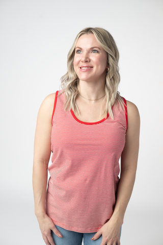 Red Round Neck Micro Striped Tank