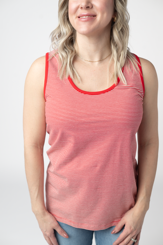 Red Round Neck Micro Striped Tank