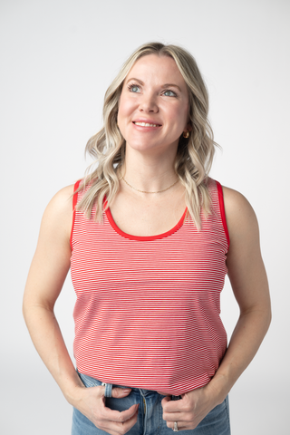 Red Round Neck Micro Striped Tank