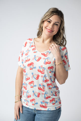 Patriotic Cherries V-Neck Top