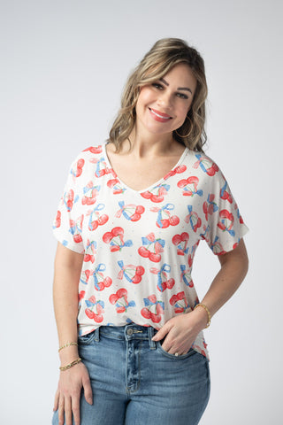 Patriotic Cherries V-Neck Top