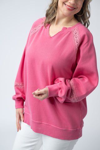 Deep Pink Lace Accent Vintage Pullover