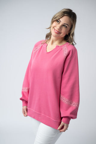 Deep Pink Lace Accent Vintage Pullover