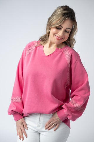 Deep Pink Lace Accent Vintage Pullover