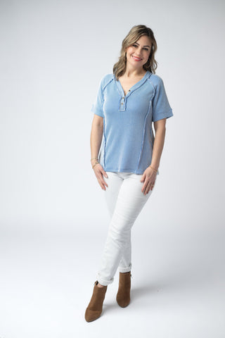 Vintage Blue Ribbed V-Neck Top