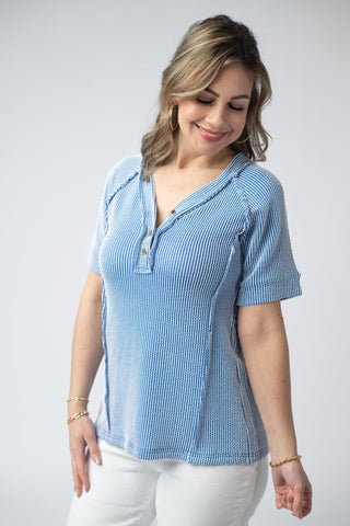 Vintage Blue Ribbed V-Neck Top