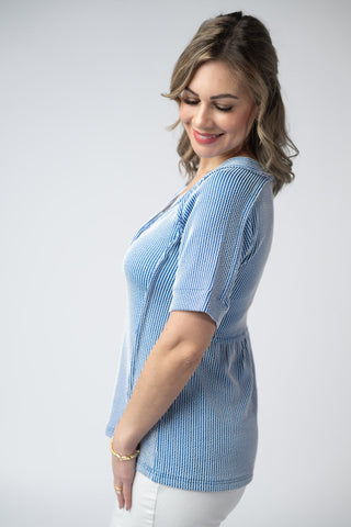 Vintage Blue Ribbed V-Neck Top