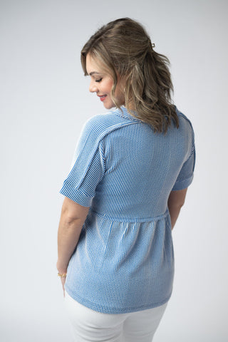 Vintage Blue Ribbed V-Neck Top
