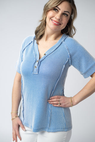 Vintage Blue Ribbed V-Neck Top