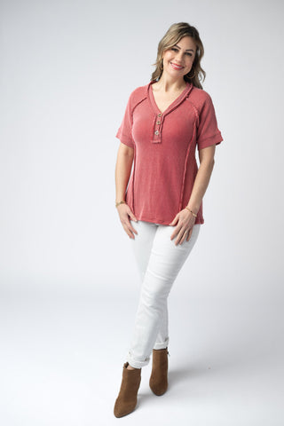 Vintage Red Ribbed V-Neck Top