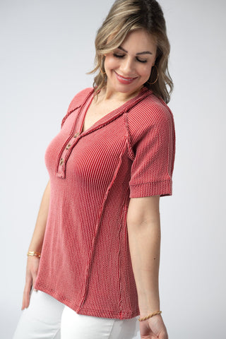 Vintage Red Ribbed V-Neck Top